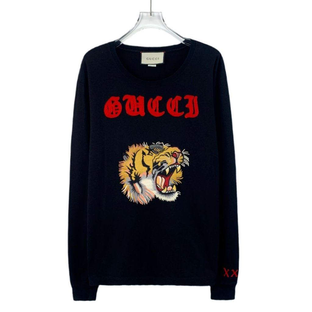 Cm0208 Gucci Black Long-Sleeve Tiger Embroidered Shirt With Red Logo